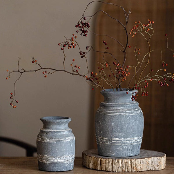 Grooved Clay Vessel Vase