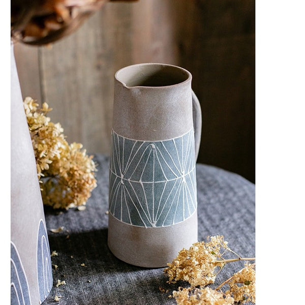 Hand-Painted Geometric Terracotta Pitcher Vase