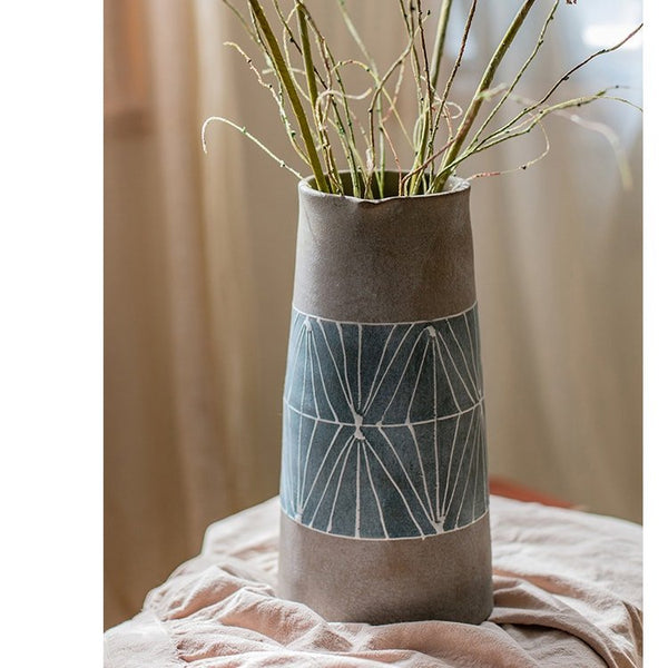 Hand-Painted Geometric Terracotta Pitcher Vase