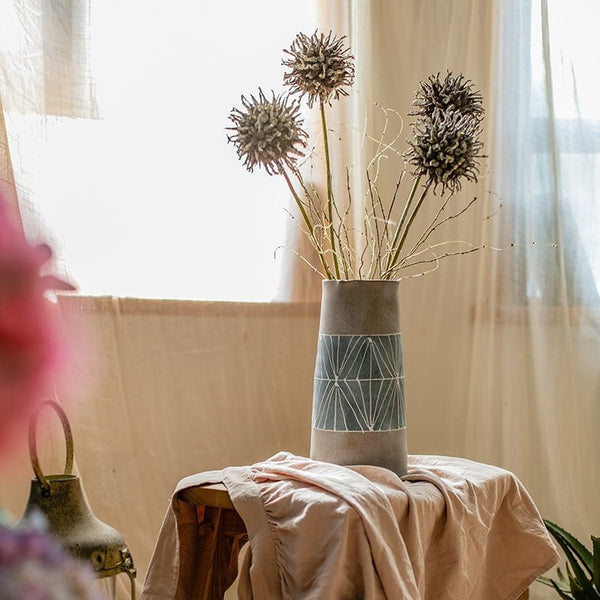 Hand-Painted Geometric Terracotta Pitcher Vase