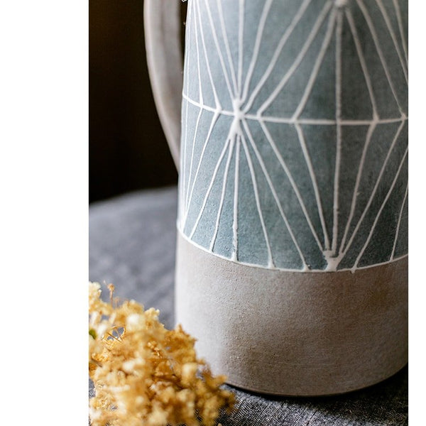 Hand-Painted Geometric Terracotta Pitcher Vase