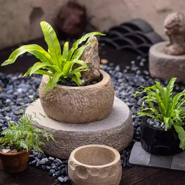 Chiseled Cement Round Planter