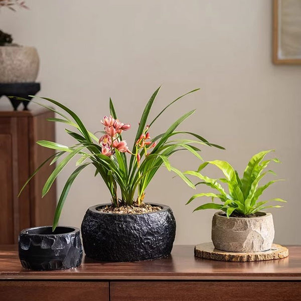 Chiseled Cement Round Planter