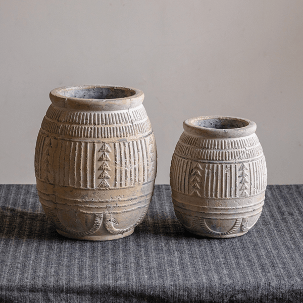 Carved Geometric Stoneware Planter