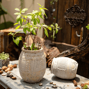 Carved Geometric Stoneware Planter