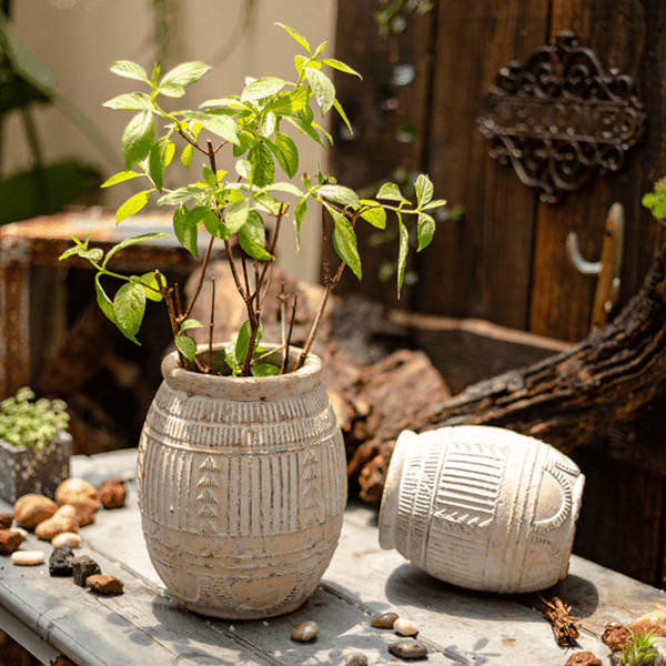 Carved Geometric Stoneware Planter