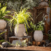 Carved Geometric Stoneware Planter
