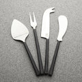 Matte-Handle Steel Cheese Tool Set — Four-piece stainless set with dark faceted handles for slicing and serving cheese