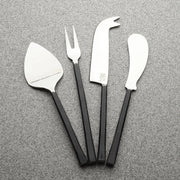 Matte-Handle Steel Cheese Tool Set — Four-piece stainless set with dark faceted handles for slicing and serving cheese