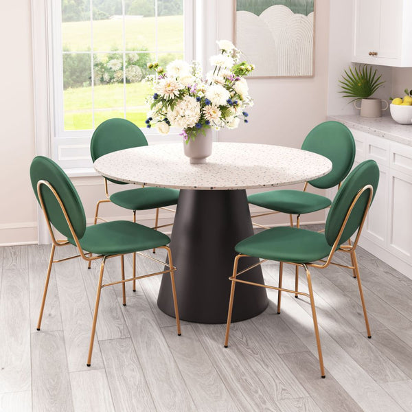 Terrazzo-Print Round Pedestal Dining Table — Round terrazzo-print top with a tapered matte steel pedestal base