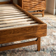 Relief-Carved Wood Platform Bed Frame — scale reference and proportion detail