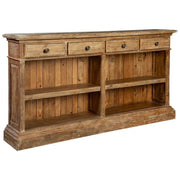 Reclaimed Wood Open Console Table — Open-shelf wood console with four drawers and a worn, warm finish