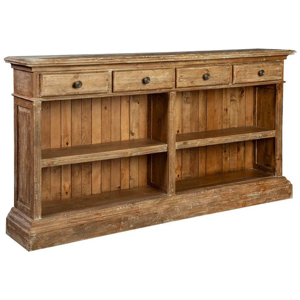 Reclaimed Wood Open Console Table — Open-shelf wood console with four drawers and a worn, warm finish