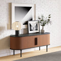 Fluted Wood-Grain Media Console — Fluted warm-tone doors, dark oval top, open shelving for media storage
