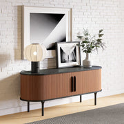 Fluted Wood-Grain Media Console — Fluted warm-tone doors, dark oval top, open shelving for media storage