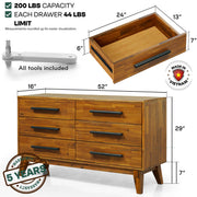 Close-up of material and construction detail — Mid-Century Wood-Grain Six-Drawer Dresser