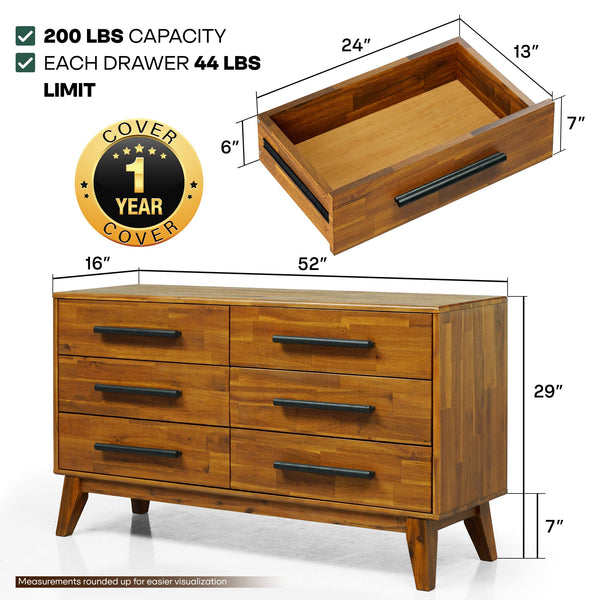 Mid-Century Wood-Grain Six-Drawer Dresser