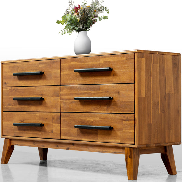 Mid-Century Wood-Grain Six-Drawer Dresser