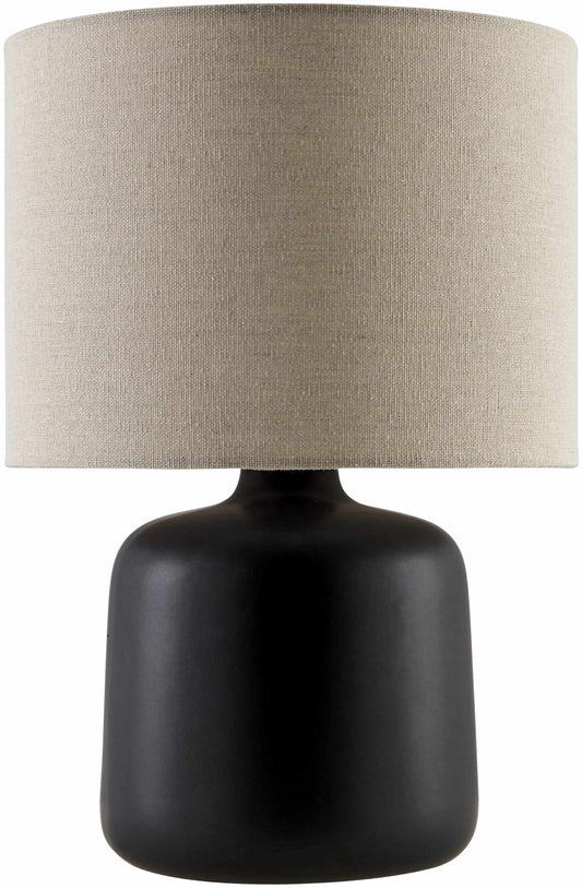 Matte Ceramic Drum Shade Table Lamp styled with ceramics and a linen runner