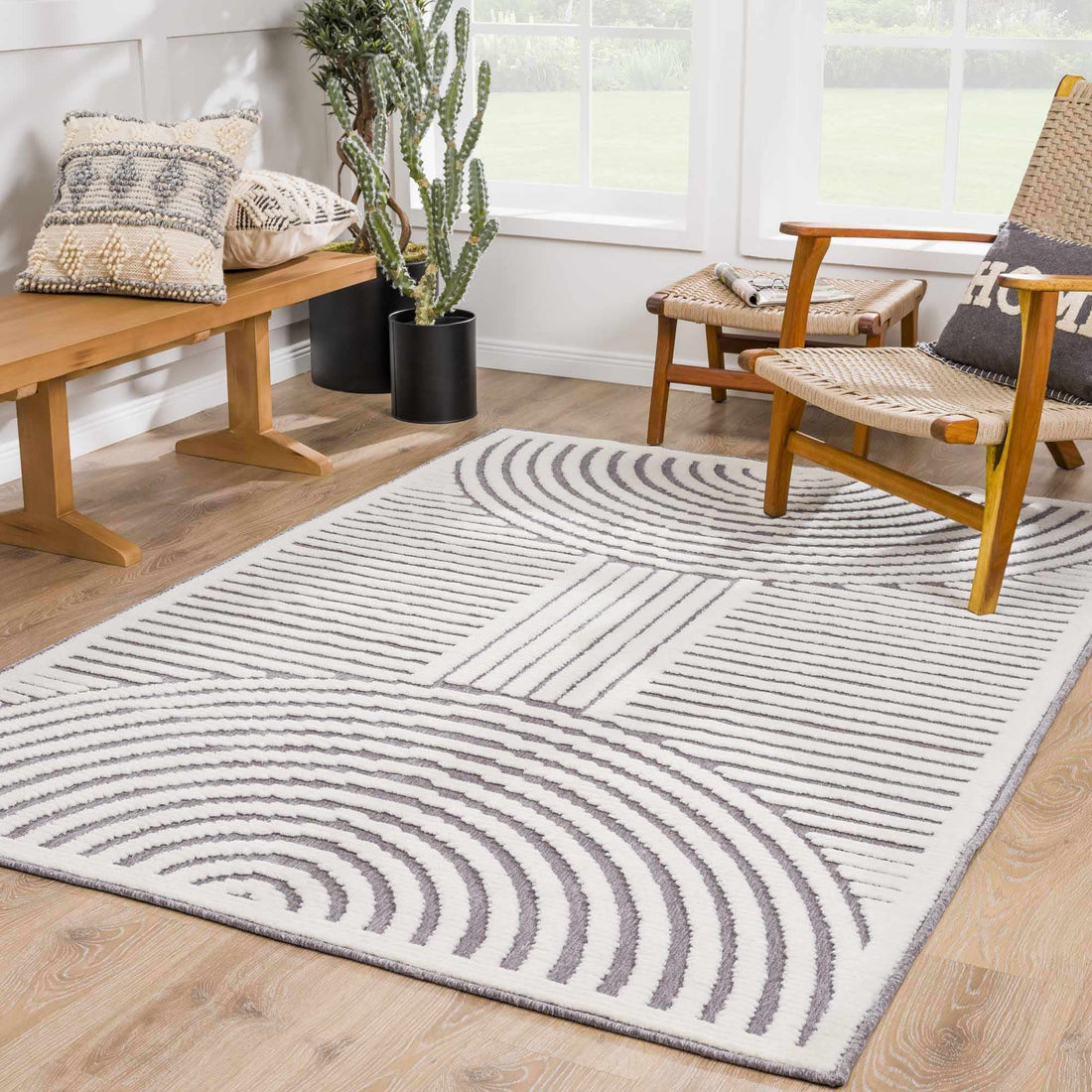 Gray rug with geometric curved lines, rectangular