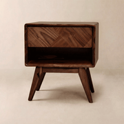 Parquet-Front Acacia Wood Nightstand — Solid acacia nightstand with parquet drawer and open shelf storage