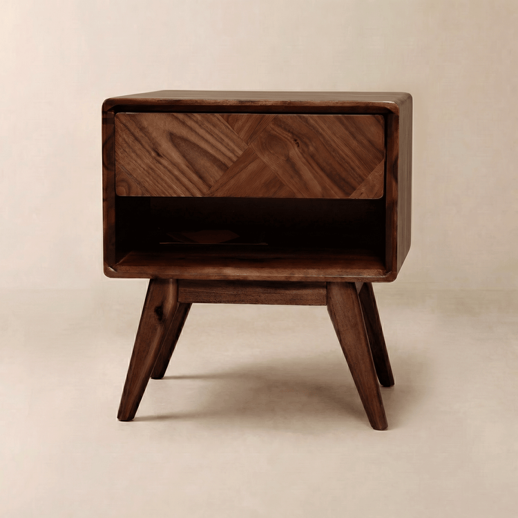 Parquet-Front Acacia Wood Nightstand — Solid acacia nightstand with parquet drawer and open shelf storage