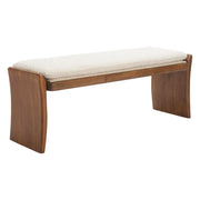 Boucle Upholstered Wood Bench in a styled home setting