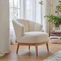 Boucle Channel-Back Accent Chair — Rounded boucle tub chair with channel back and ash-tone wood base