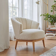 Boucle Channel-Back Accent Chair — Rounded boucle tub chair with channel back and ash-tone wood base