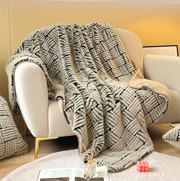 Basket-Weave Faux Fur Throw — Raised-relief faux fur throw in oat and charcoal with fleece lining