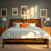 Parquet-Headboard Solid Wood Bed Frame — styled in a complete room vignette