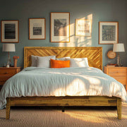Parquet-Headboard Solid Wood Bed Frame styled with linen bedding in a warm bedroom