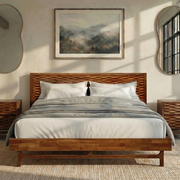 Relief-Carved Wood Platform Bed Frame — styled in a complete room vignette
