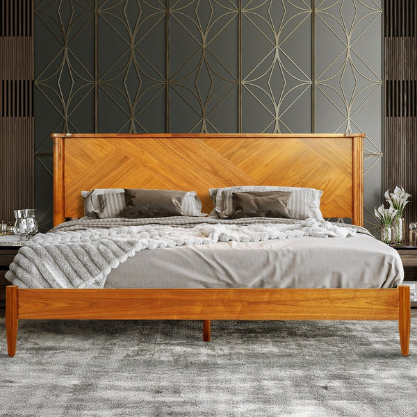 Chevron-Panel Solid Wood Bed Frame styled with linen bedding in a warm bedroom