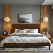 Solid Wood Platform Bed Frame styled with linen bedding in a warm bedroom