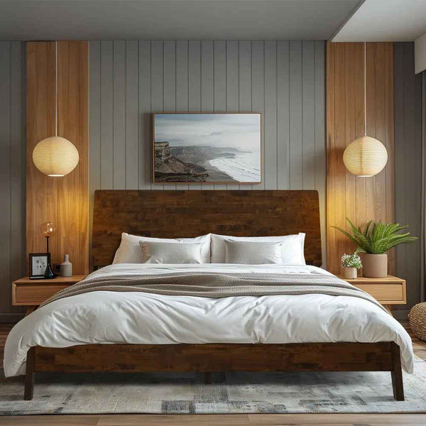 Solid Wood Platform Bed Frame styled with linen bedding in a warm bedroom