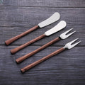 Textured Handle Cheese Tool Set — Four-piece cheese set with wood-grain handles and polished steel blades