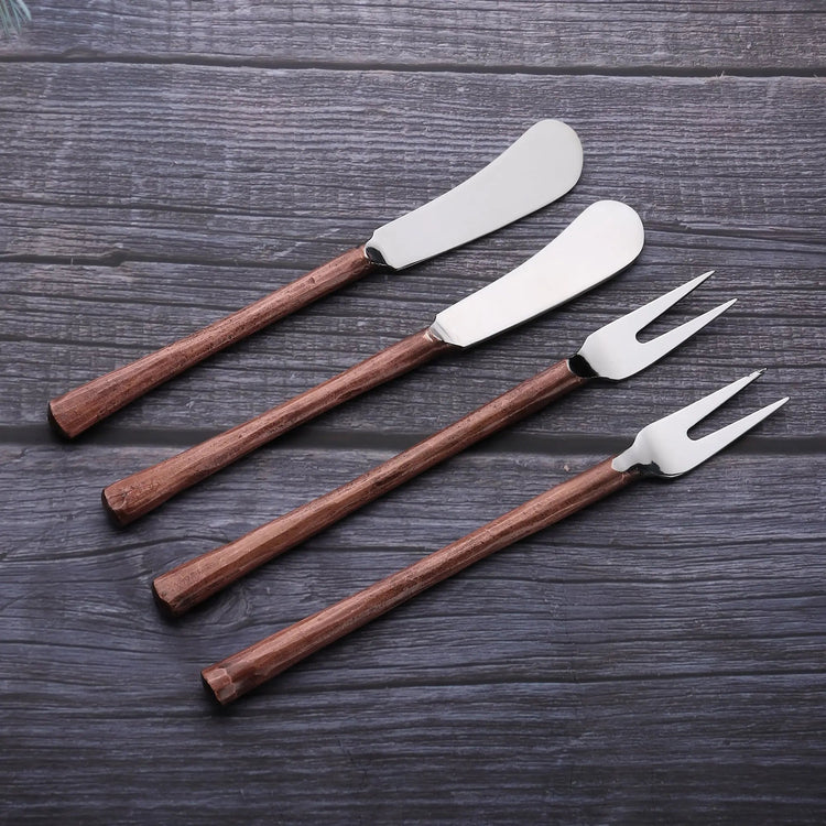 Textured Handle Cheese Tool Set — Four-piece cheese set with wood-grain handles and polished steel blades