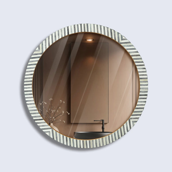 Chevron Bone Inlay Round Wall Mirror