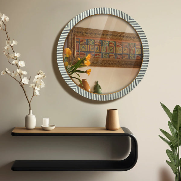 Chevron Bone Inlay Round Wall Mirror