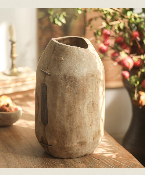 Carved Parasol Wood Vessel Vase