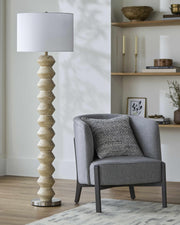 Stacked Resin Column Floor Lamp — Stacked ivory resin column lamp with linen shade and brushed nickel base