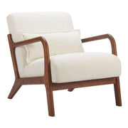 Boucle Fabric Wood-Frame Accent Chair styled on a sunlit patio with side table