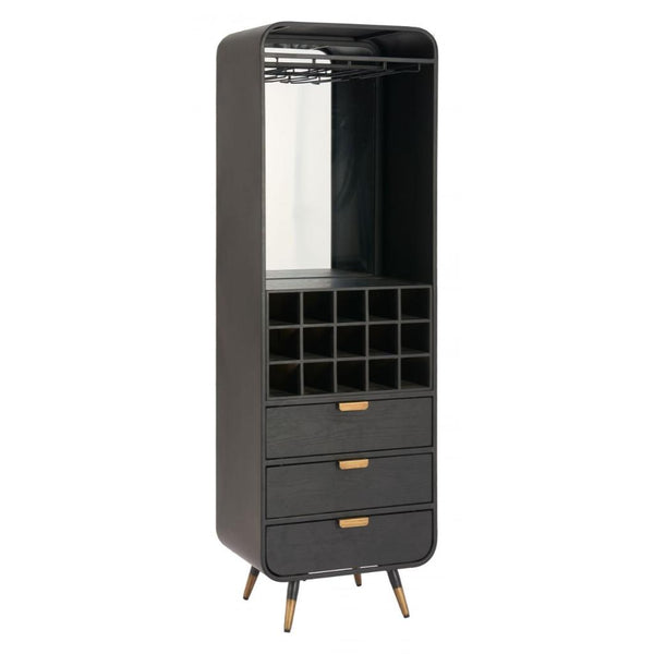 Black Wood-Grain Bar Cabinet — Matte black bar cabinet with mirror, wine grid, and brass-tone legs