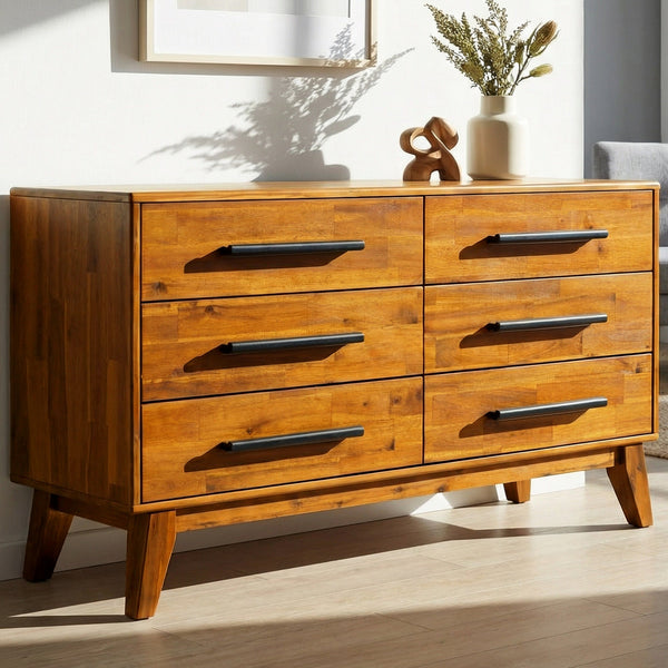 Mid-Century Wood-Grain Six-Drawer Dresser