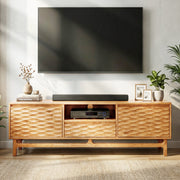 Relief-Carved Wood TV Stand — Solid wood TV stand with relief-carved doors and open centre shelf