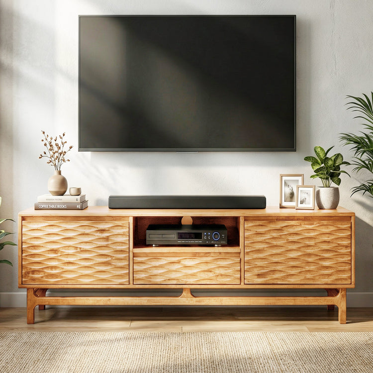 Relief-Carved Wood TV Stand — Solid wood TV stand with relief-carved doors and open centre shelf