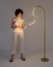 Brass Arc Floor Lamp with Three LED Rings