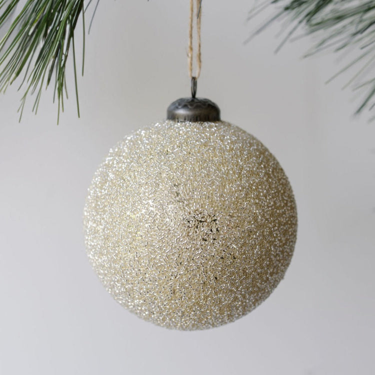 Beaded Cream Glass Ball Ornament