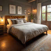 Parquet-Headboard Solid Wood Bed Frame — close-up of label and production detail